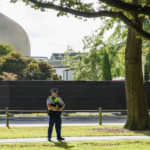 20 March 2019: An armed police officer in front of Al Noor mosque in Christchurch, New Zealand, one of two mosques at which an Australian man killed 50 people. (Photograph by Kai Schwoerer/Getty Images)