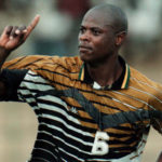 1997: Phil “Chippa” Masinga after scoring a goal against Zaire, now known as Democratic Republic of Congo, in Lomé Togo. (Photograph by Duif du Toit/Gallo Images)