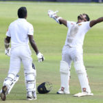 16 February 2019: Kusal Perera of Sri Lanka looks skyward in celebration during day four of the first Test match between South Africa and Sri Lanka at Kingsmead Stadium in Durban. (Photograph by Lee Warren/Gallo Images)