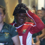 28 July 2018: Phumelela Mbande shouts encouragement to her teammates in the tunnel during the Pool C game between South Africa and Argentina at the FIH Women’s Hockey World Cup in London. (Photograph by Christopher Lee/Getty Images)