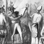 In this engraving Haitian revolutionary leader Toussaint L'Ouverture (1743-1803) holds up a proclamation in front of a bishop. (Photo by © CORBIS/Corbis via Getty Images)