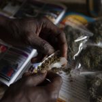 20 November 2018: Bongi rolling a joint with bags of dagga that he sells in the background. Mpondoland is famous for Mpondo Gold, the fabled endemic strain of cannabis sativa.