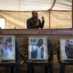 17 February 2019: Photos of the three young men on display during the funeral service. From left to right: Jafari Fiston Binyongo, Bernard Sadiki and Elias Moise Kahindo.