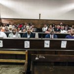 25 March 2019: (Left to right) Mlungisi Ncalane, Mbulelo Mpofana, Zweliphansi Sikhosane, Mlululeki Ndobe and Sandile Myeza seated in the uMzimkhulu Magistrates Court at their bail hearing.