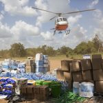 31 March 2019: A Mercy Air helicopter taking off from Matarara to deliver aid packages to villagers affected by the Cyclone Idai floods.