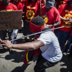 14 March 2019: Workers protesting outside ArcelorMittal in Vanderbijlpark for permanent contracts and better working conditions.