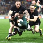 September 15, 2018: Aphiwe Dyantyi of South Africa scores a try during The Rugby Championship match between the New Zealand All Blacks and the South Africa Springboks at Westpac Stadium in Wellington, New Zealand. Photo: Phil Walter/Getty Images.