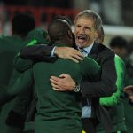 24 March 2019: Bafana Bafana coach Stuart Baxter celebrate with players during the 2019 Afcon qualifying match against Libya at Stade Taïeb Mhiri in Sfax, Tunisia. (Photograph by Salah Lahbibi/Gallo Images)