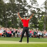 14 April 2019: Tiger Woods is jubilant after making his putt on the 18th green to win The Masters at Augusta National Golf Club in Augusta, Georgia. (Photograph by Kevin C Cox/Getty Images)