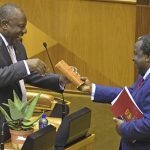 20 February 2019: Tito Mboweni (right) and President Cyril Ramaphosa during the budget speech in Parliament. It was Mboweni’s first annual budget speech as minister of finance. (Photograph by Gallo Images/Jeffrey Abrahams)