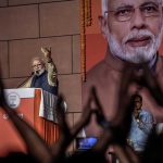 23 May 2019: Indian Prime Minister Narendra Modi addresses party workers at BJP headquarters in New Delhi after a landslide victory that will see him leading the country for another five years. (Photograph by Atul Loke/Getty Images)