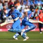 6 July 2018: MS Dhoni (left) and Virat Kohli of India run between the wickets during a T20 match against England at Swalec Stadium in Cardiff, Wales. (Photograph by Gareth Copley/Getty Images)