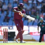 2 March 2019: Chris Gayle of the West Indies smashes a six during the fifth One Day International between England and West Indies at the Darren Sammy Cricket Ground in Gros Islet, Saint Lucia. (Photograph by Gareth Copley/Getty Images)