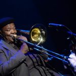 28 February 2019: Jonas Gwangwa performing at the official memorial service of jazz legend Dorothy Masuku at the Joburg Theatre in Johannesburg. (Photograph by Gallo Images/Oupa Bopape)