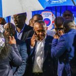 28 May 2019: Confederation of African Football president Ahmad Ahmad (centre) at the Cosafa Cup match between Namibia and Malawi at King Zwelithini Stadium in Durban. (Photograph by Darren Stewart/Gallo Images)