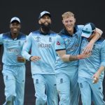 30 May 2019: Ben Stokes (centre right) of England celebrates with Eoin Morgan (right), Moeen Ali and Jofra Archer (left) after beating South Africa at The Oval in London, England, during the ICC Cricket World Cup. (Photograph Visionhaus/Getty Images)