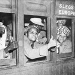 9 March 1952: Black passengers filled a train compartment marked ‘Europeans only’ in defiance of apartheid prime minister DF Malan's segregation rules, shouting the slogan ‘Africa’ on the ride into Cape Town. The police arrested 34 of them. (Photograph by Bettman/Contributor)