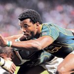 Undated: Mpho Mbiyozo during a sevens rugby match in a photo from sports photographer Wessel Oosthuizen’s Portrait of Rugby, a collector’s item coffee-table book published in 2008 and re-edited for a second print run in 2016. (Photograph by Wessel Oosthuizen/Gallo Images)