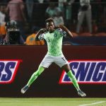 10 July 2019: Nigeria's Samuel Chukwueze celebrates scoring the first goal for the Super Eagles in their Africa Cup of Nations quarterfinal against South Africa at Cairo International Stadium in Egypt. (Photograph by Reuters/Amr Abdallah Dalsh)