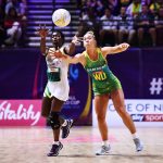 13 July 2019: Perpetua Siyachitema (left) of Zimbabwe and Jamie-Lee Price of Australia in action during preliminaries stage one match between Australia and Zimbabwe at M&S Bank Arena on July 13 in Liverpool, England. (Photograph by Getty Images/Nathan Stirk)