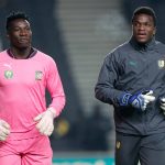 20 November 2018: André Onana (left) and Fabrice Ondoa of Cameroon at an international friendly against Brazil at the Stadium MK in Milton Keynes, England. (Photograph by Cees van Hoogdalem/Soccrates/Getty Images)