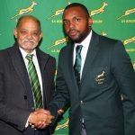 7 August 2019: Mziwakhe Nkosi (right) and Saru executive Tobie Titus at the SA Schools presentation ceremony at Paul Roos Gymnasium in Stellenbosch, South Africa. (Photograph by Carl Fourie/Gallo Images)