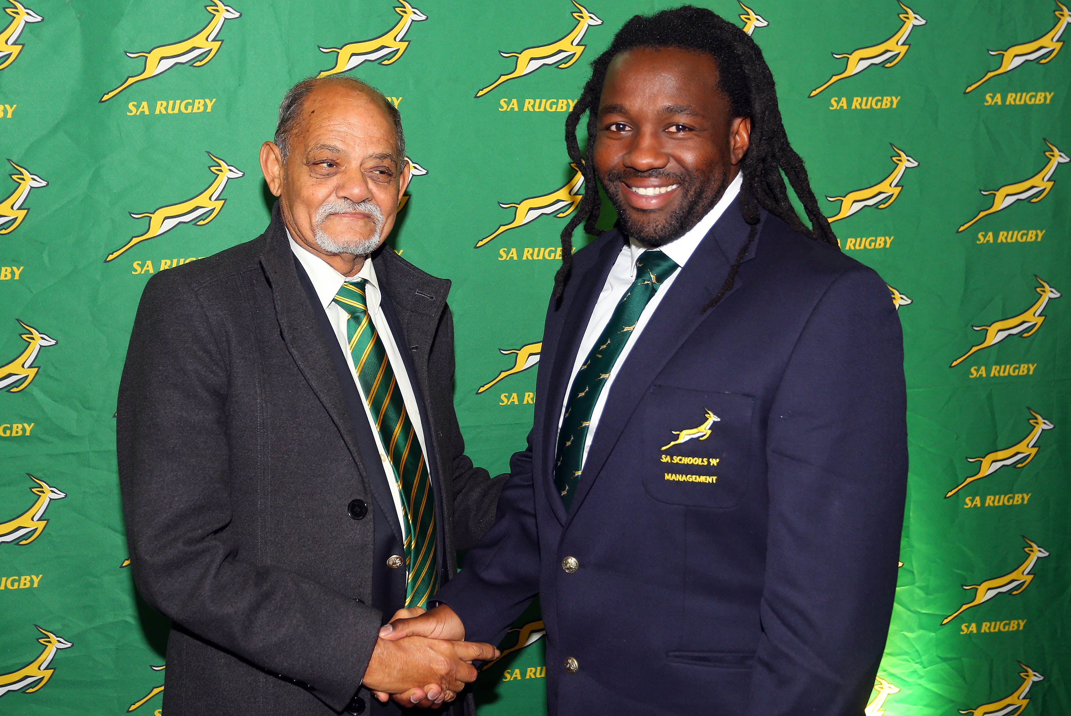 7 August 2019: Phiwe Nomlomo (right) receives his blazer from Saru executive Tobie Titus during the SA Schools A presentation ceremony at Paul Roos Gymnasium in Stellenbosch, South Africa. (Photograph by Carl Fourie/Gallo Images) 