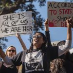 13 September 2019: Protesters at a march at the JSE in Sandton responding to the general scourge of gender-based violence in South Africa. (Photograph by Gallo Images/Alet Pretorius)