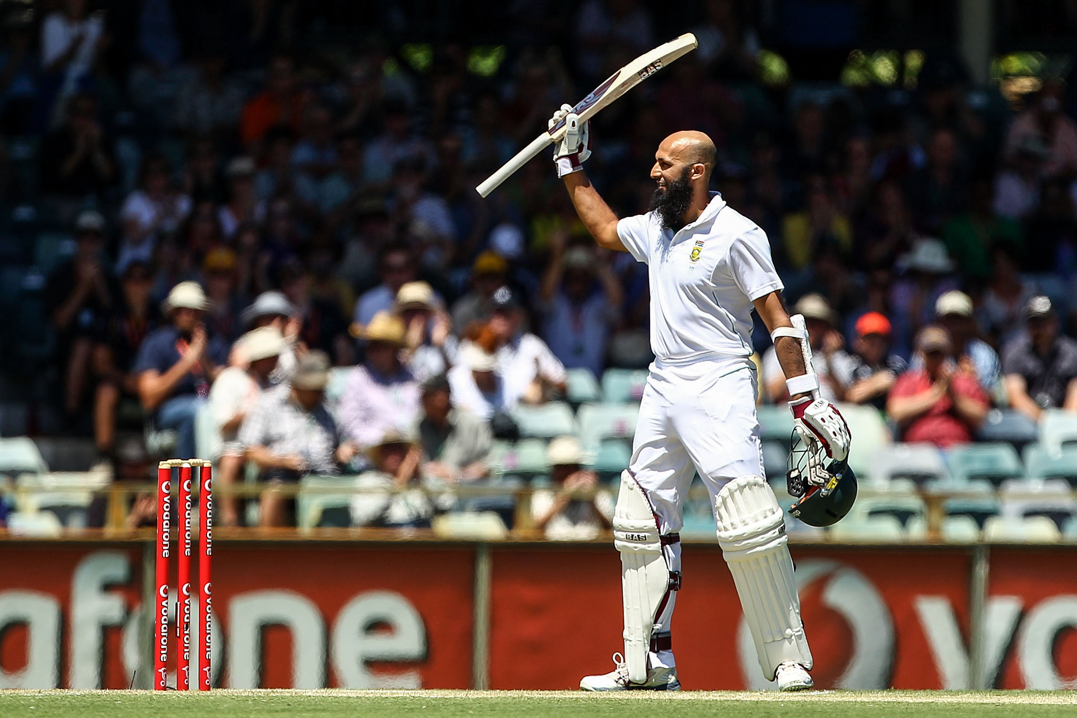 2 December 2012: Hashim Amla celebrating his century on day three of the Proteas’ third Test against Australia at the Waca in Perth, Australia. He went on to score 196 runs in what was later described as ‘his finest innings of the tour’. (Photograph by Paul Kane/Getty Images) 