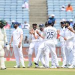 12 October 2019: India celebrates taking the wicket of South Africa’s Senuran Muthusamy (second from left) on day three of the second Test of the series at Maharashtra Cricket Association Stadium in Pune, India. (Photograph by Isuru Sameera Peris/Gallo Images)