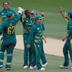 9 June 2018: Former South African captain, Ayabonga Khaka (centre), high-fives teammates after taking Tammy Beaumont’s wicket. (Photograph by Action Images via Reuters/Paul Childs)