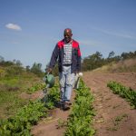 2 October 2019: Customary landowner Zakhele Nkwankwa watering the spinach, sweet potatoes and other vegetables he grows behind his home.