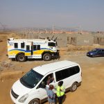 08 August 2019: Metro Police vehicles on standby as construction of RDP houses for MK veterans continues at Palm Ridge. Angry people claiming to be the rightful owners allegedly occupied the houses.