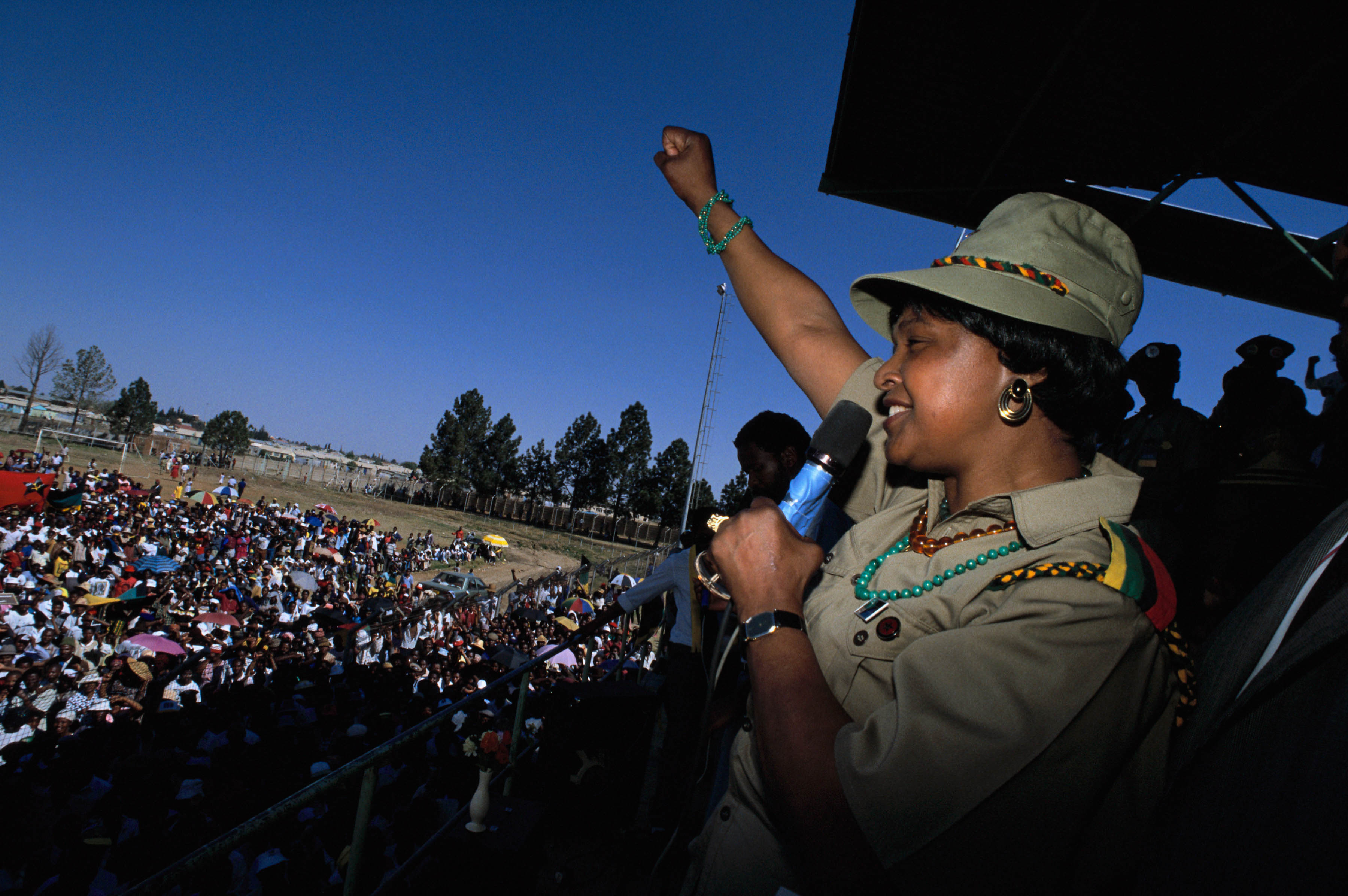 1990: Winnie Madikizela-Mandela at an ANC rally in Soweto, Johannesburg. (Photograph by Gideon Mendel/Corbis via Getty Images)