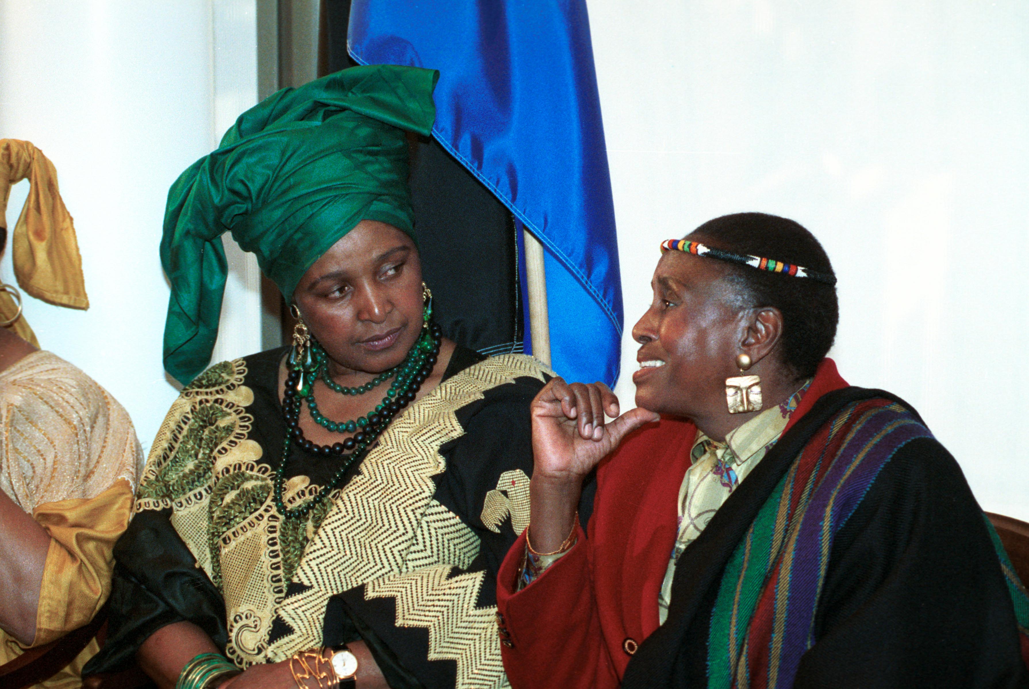 6 November 1991: Winnie Madikizela-Mandela talking to singer Miriam Makeba at the announcement of a three-day concert and summit to aid African children. 