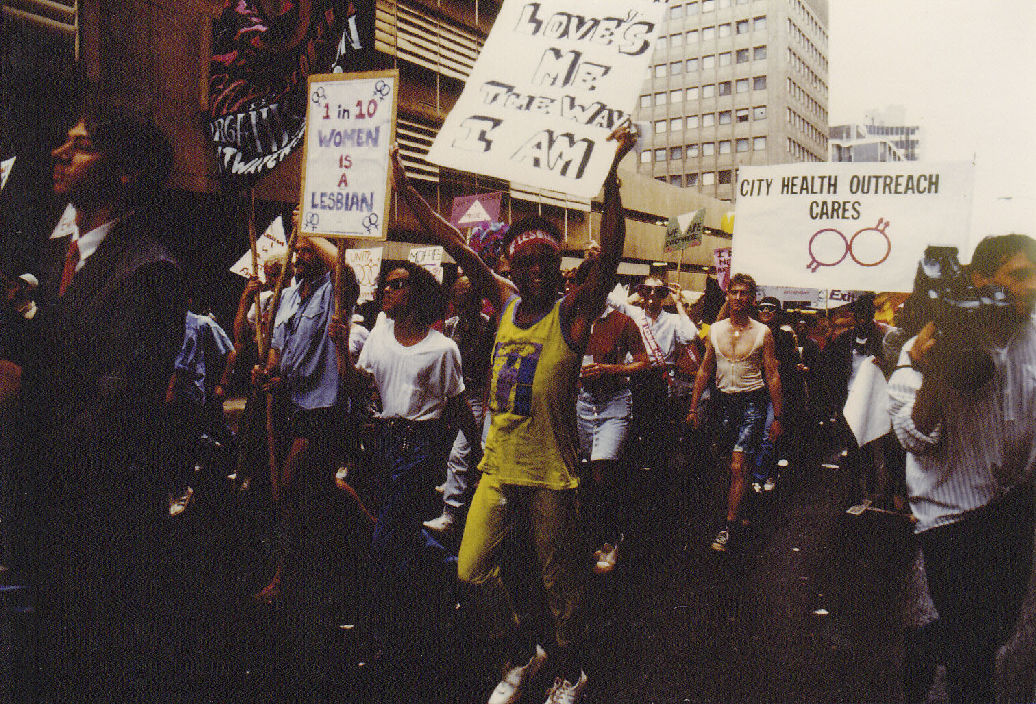 13 October 1990: Marching through the streets of Hillbrow during the first Pride march in Johannesburg. (Donne Rundle Collection, Gala Queer Archive)