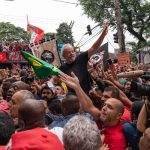 9 November 2019: Former Brazilian president Luiz Inácio Lula da Silva is carried on the shoulders of the crowd as he makes his way back to the entrance of a metalworkers’ union headquarters in São Bernardo do Campo, in the south of São Paulo.