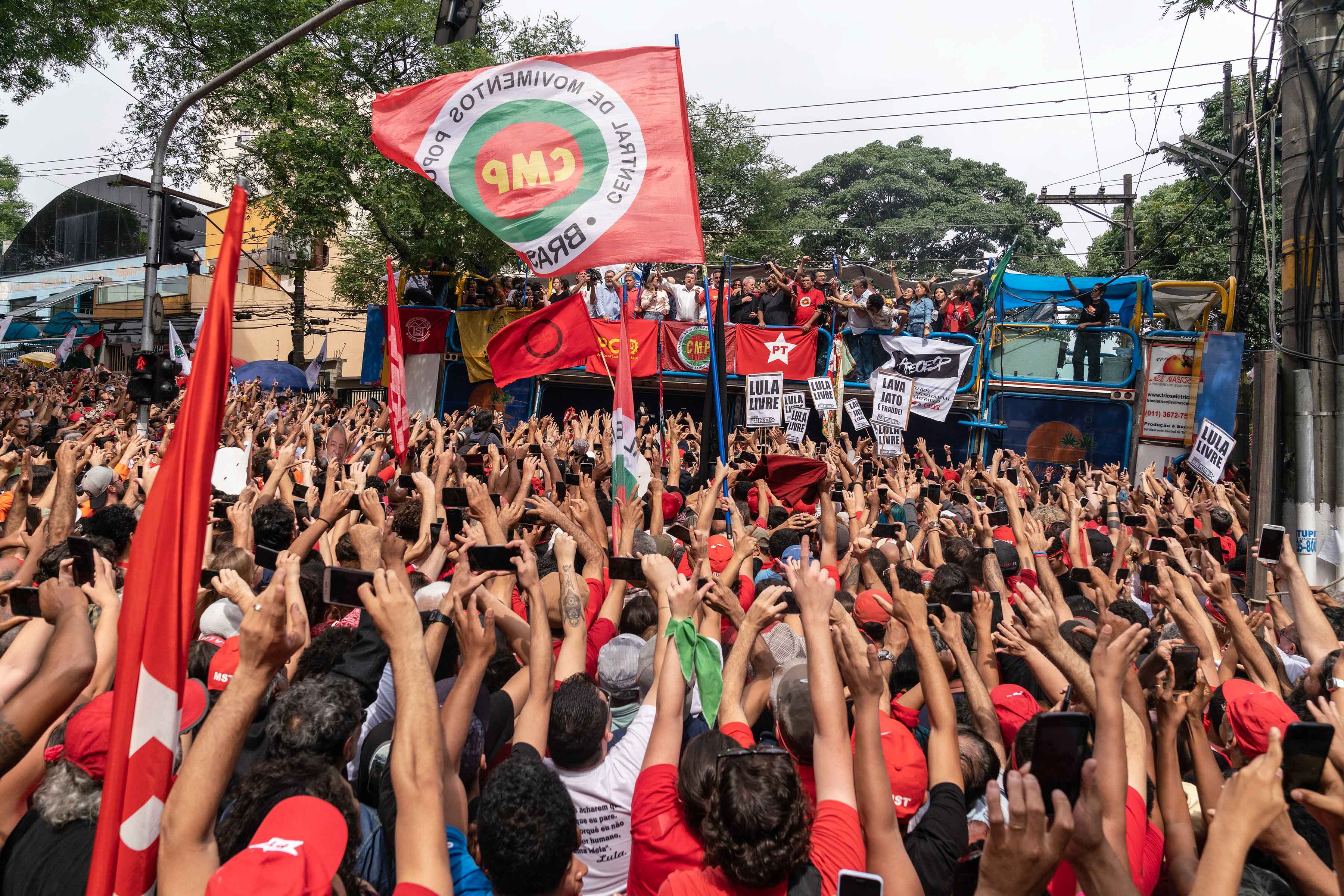 9 November 2019: People cheer as they get a glimpse of Luiz Inácio Lula da Silva.