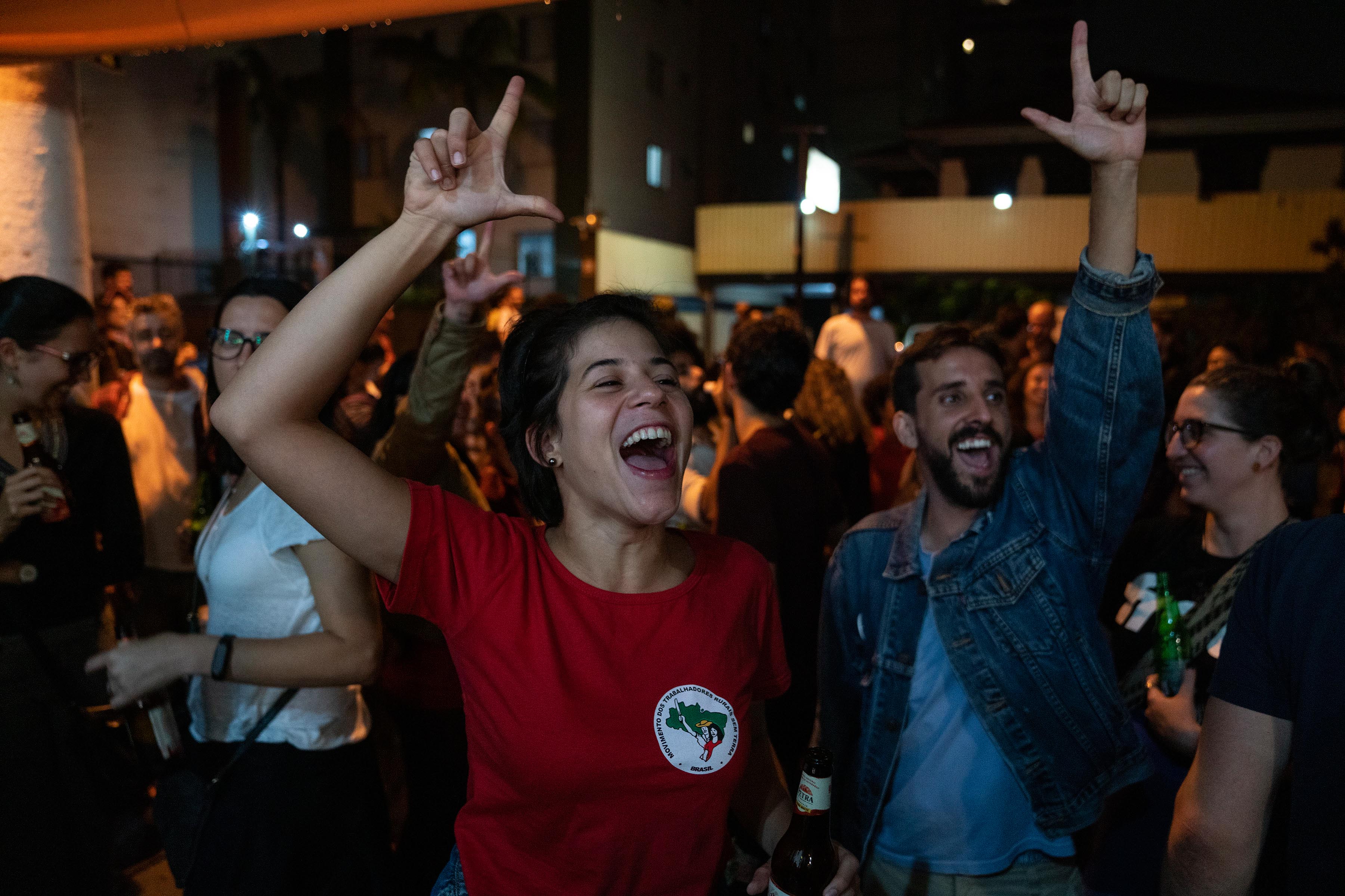 8 November 2019: People celebrate outside the offices of the Landless Rural Workers Movement in São Paulo after news broke that former Brazilian president Luiz Inácio Lula da Silva had been released from jail. 