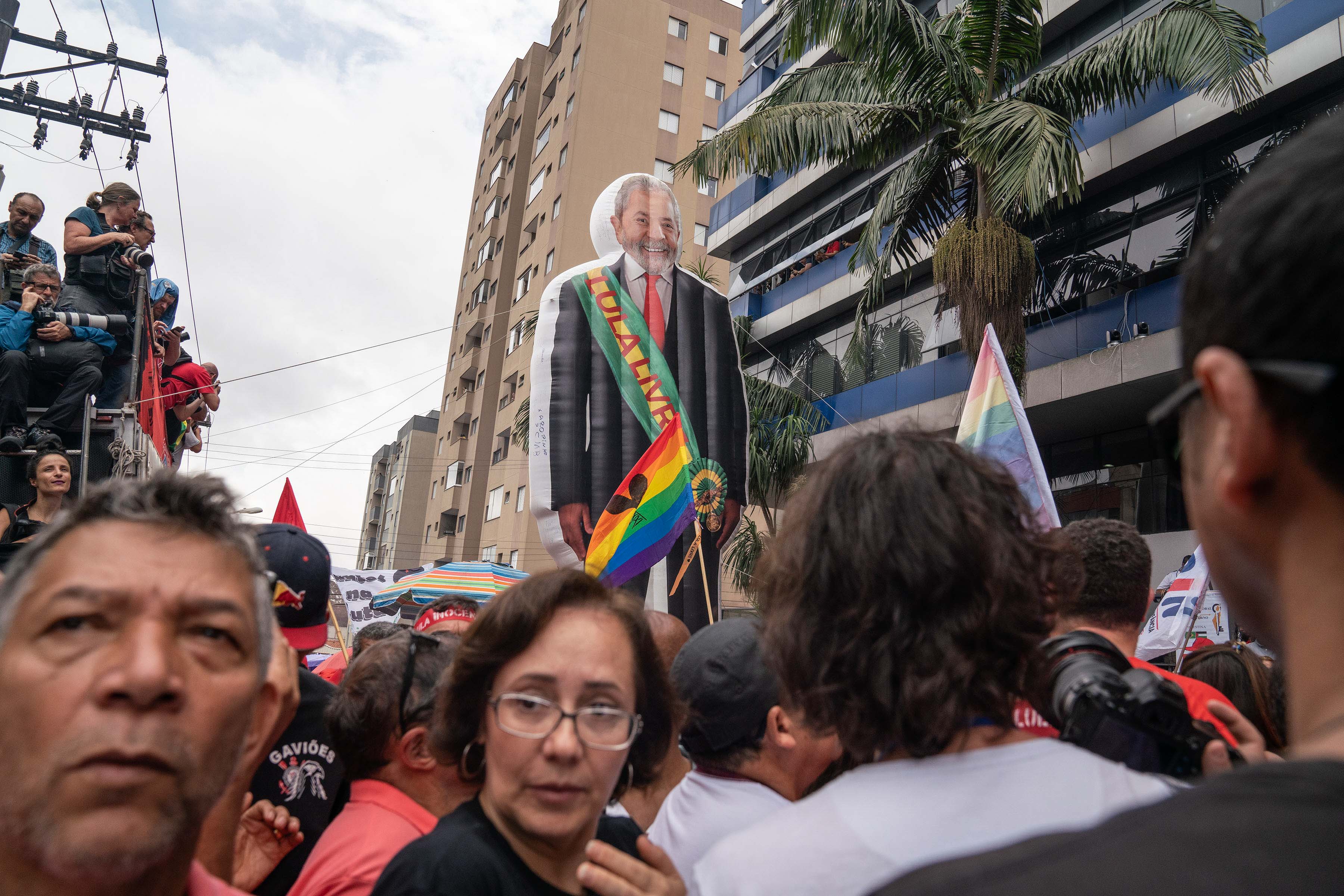 9 November 2019: A giant blow-up figure of Luiz Inácio Lula da Silva is part of the celebration at the rally held after his release from prison. 