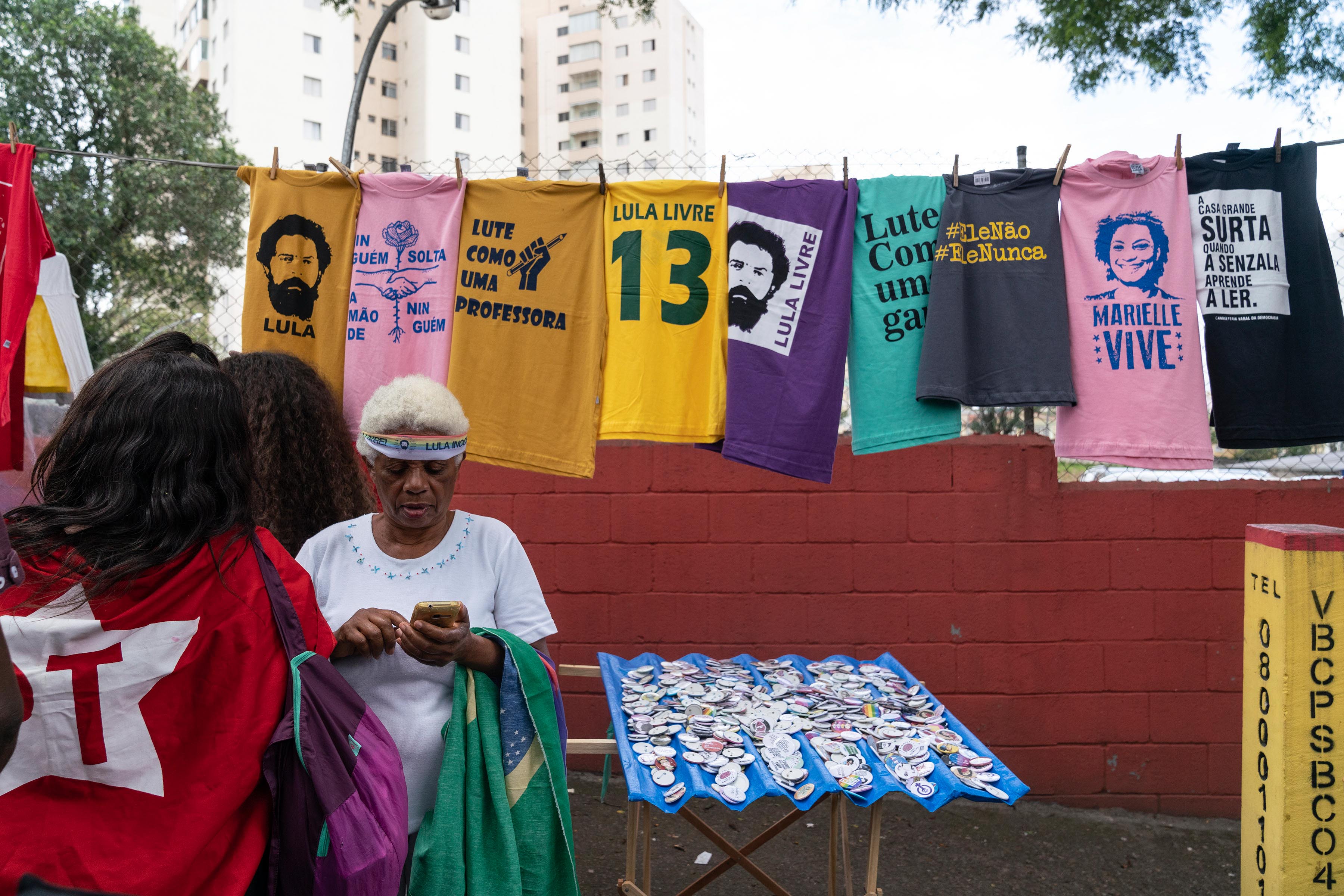 9 November 2019: T-shirts for sale bear the face of former Brazilian president Luiz Inácio Lula da Silva, who was released from prison after a ruling by the Supreme Court. 