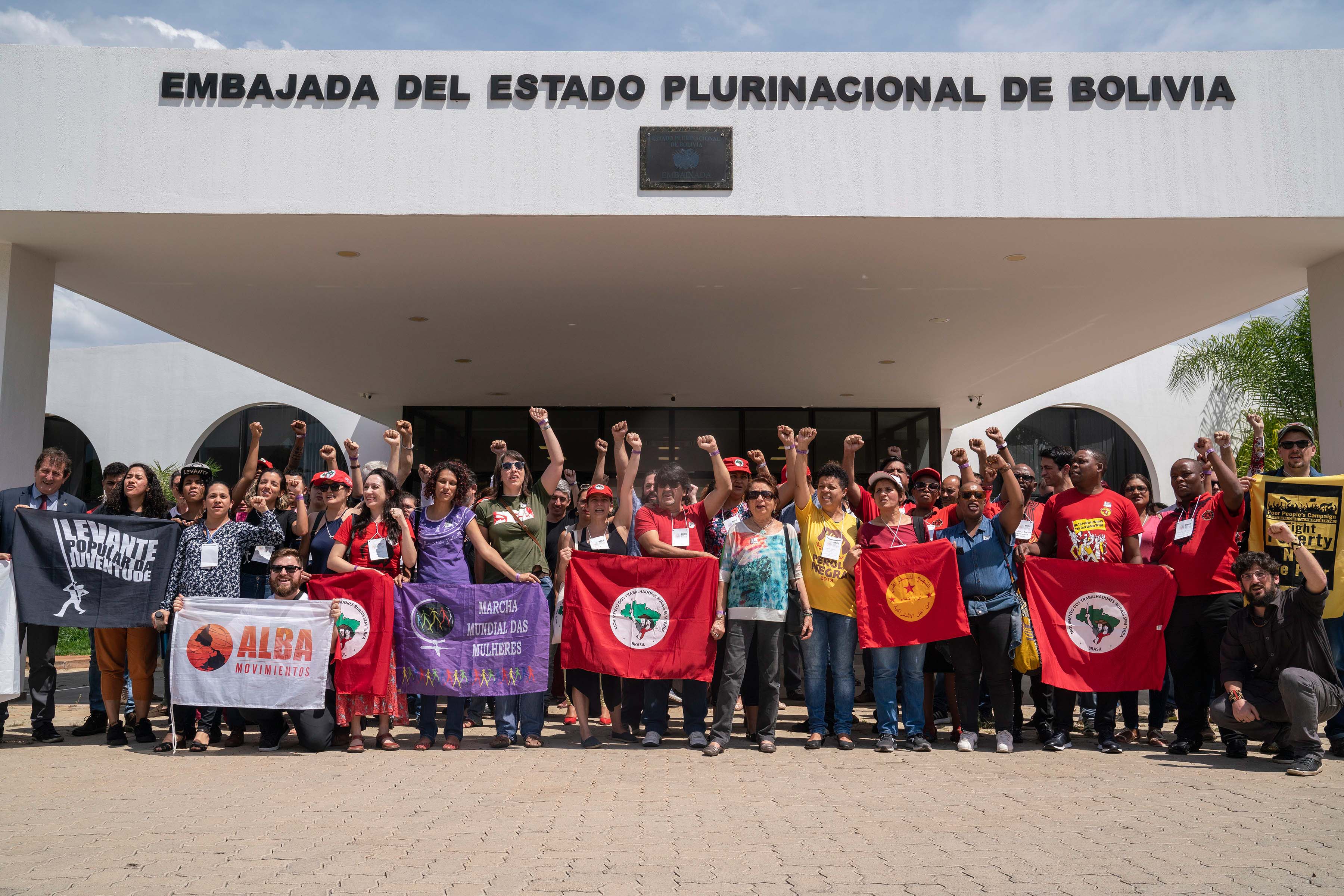 12 November 2019: Members of non-governmental organisations and people’s movements, in Brasilia to attend the People’s Brics meeting, protesting outside the Bolivian embassy in the city. 