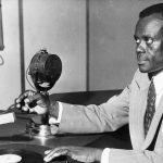 April 1955: King Edward Masinga broadcasts the Durban SABC’s Bantu Programme. He composed songs, wrote radio plays in isiZulu and translated many English plays into isiZulu for broadcasting. (Photograph by Drum photography / BAHA)