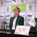 22 May 2019: From left, Netball SA president Cecilia Molokwane, coach Dorette Badenhorst and South African netball player Zanele Vimbela during the Spar Proteas team announcement for the 2019 Netball World Cup. (Photograph by Reg Caldecott/Gallo Images)