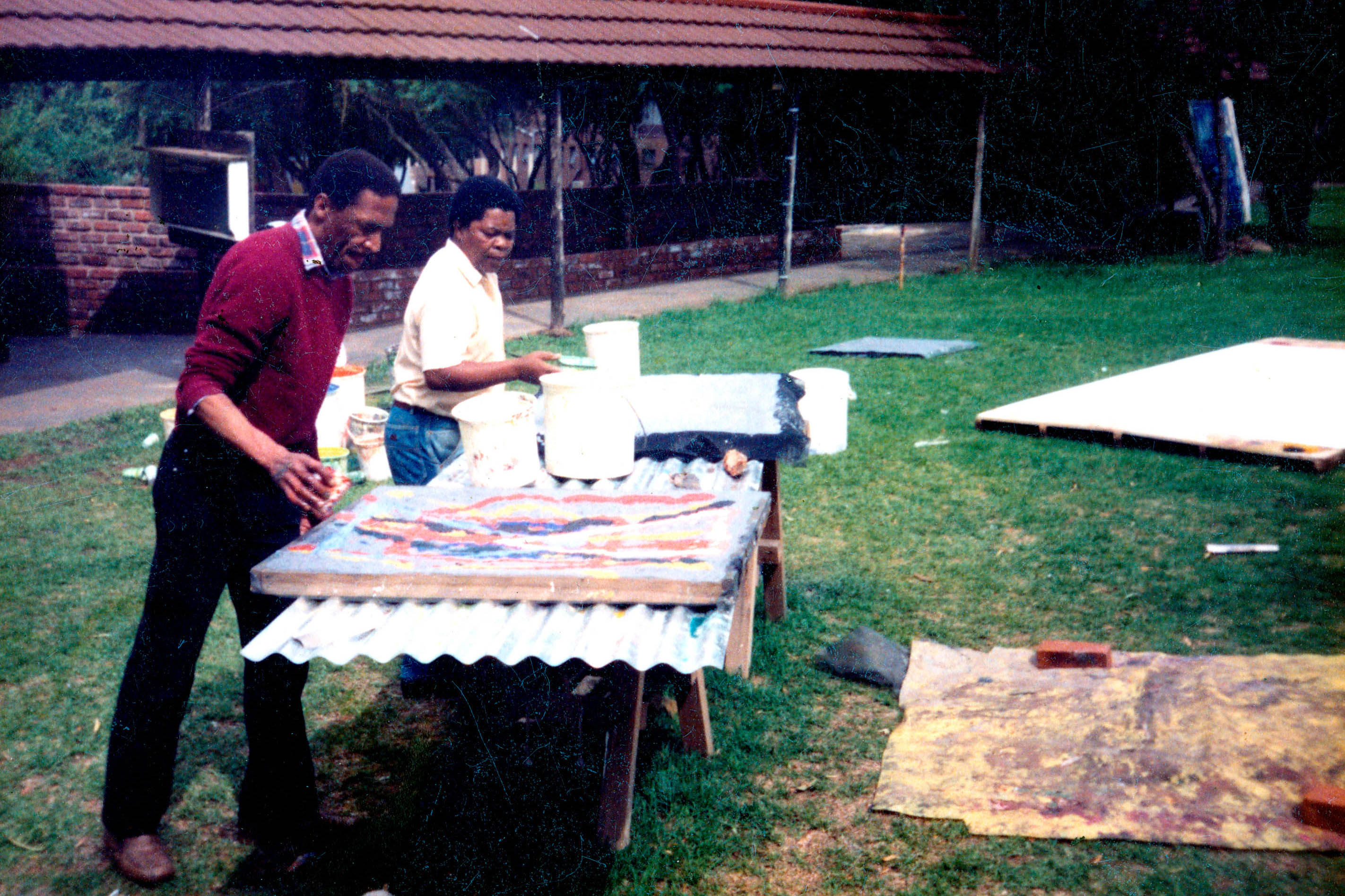 Circa 2000: From left, David Koloane and Durant Sihlali at the latter's paper-making workshop in Fleurhof, Johannesburg. (Photograph: Supplied)