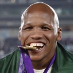 2 November 2019: Bongi Mbonambi celebrating with his gold medal after the Springboks won the Rugby World Cup by beating England in the final at the International Stadium Yokohama in Yokohama, Japan. (Photograph by Reuters/Matthew Childs)