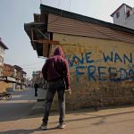 29 October 2019: A protester in Srinagar. Protests and clashes were reported in many areas of Kashmir following a visit by European lawmakers after the Indian government revoked Kashmir’s autonomy. (Photograph by Faisal Khan/Anadolu Agency via Getty Images)