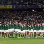 2 November 2019: The South African team during the anthems before the Rugby World Cup 2019 final at the International Stadium Yokohama in Tokyo, Japan. (Photograph by Juan Jose Gasparini/Gallo Images)