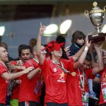 1 May 2013: USM Alger's players celebrate with the trophy after winning their Algeria Cup final soccer match against MC Alger in Algiers. (Photograph by Reuters/ Louafi Larbi)