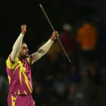 4 December 2019: Tabraiz Shamsi of the Paarl Rocks celebrates with a magic trick after taking the wicket of Durban Heat’s Wihan Lubbe during a Mzansi Super League match in Paarl, South Africa. (Photograph by Shaun Roy/Gallo Images)